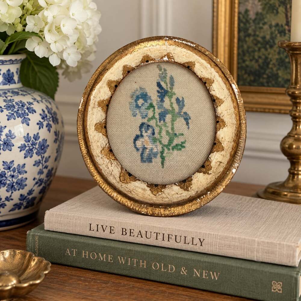 Vtg Floral Needlepoint Embroidery Round Wood Framed Textile Art Floral Cottage D